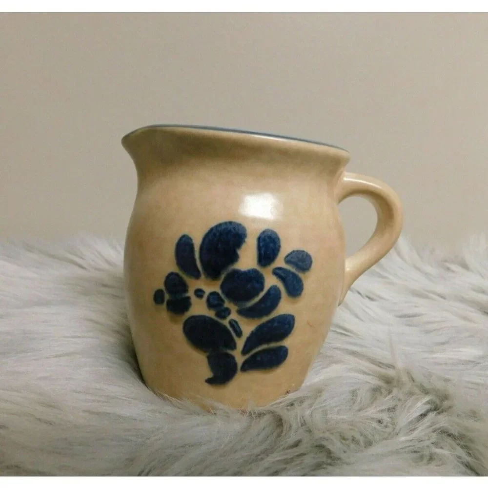 Pfaltzgraff Folk Art Cream Pitcher Creamer Tan Blue 4 1/4